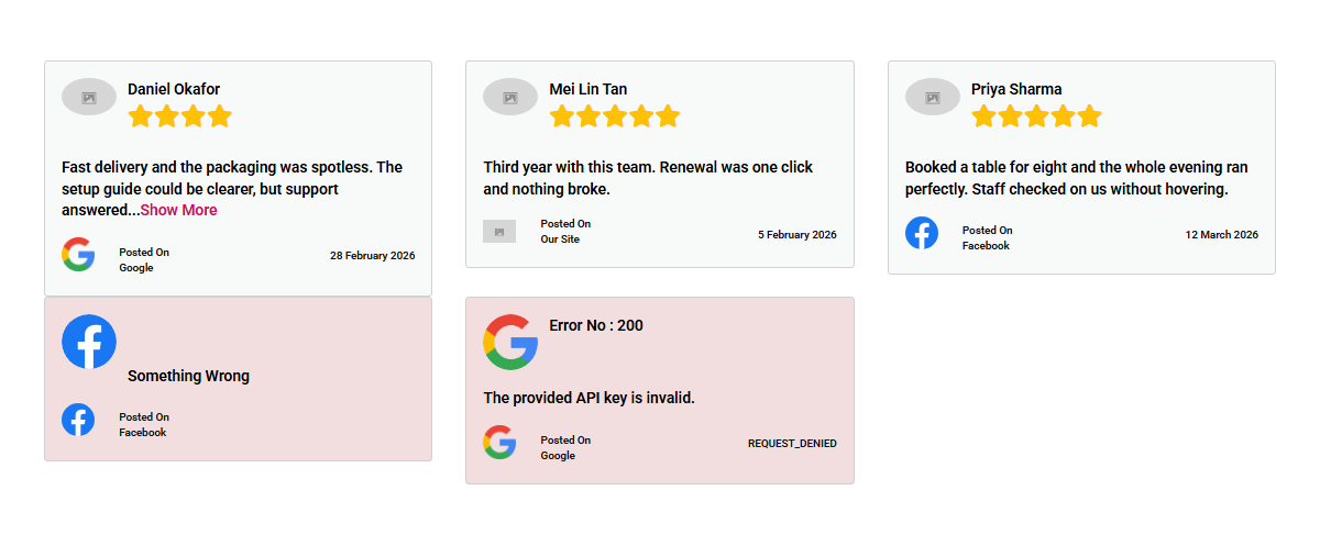 Manual, facebook and google rows in one wall.