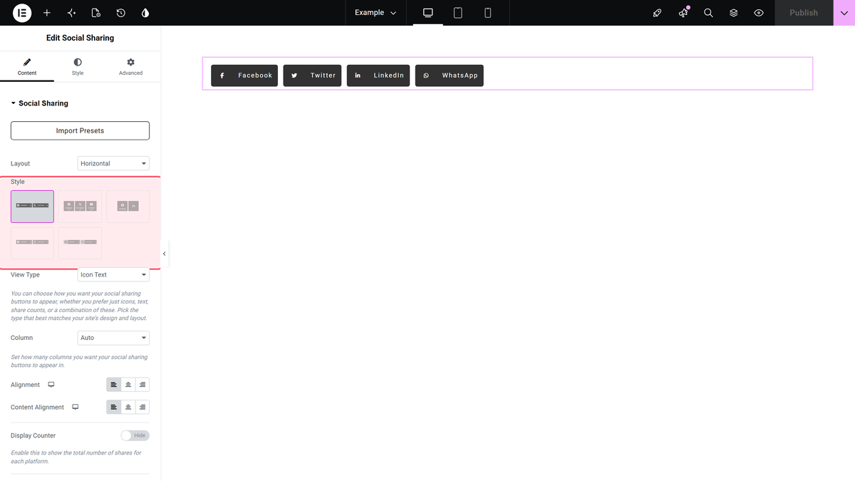 The social sharing widget's content tab, with the style picture chooser highlighted.