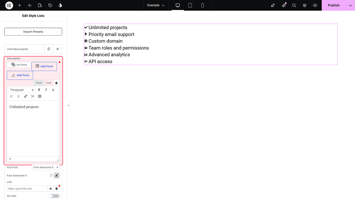 Style Lists Widget: Settings Overview The style lists content section in the elementor editor with a list item's description field highlighted and the six-item list on the canvas