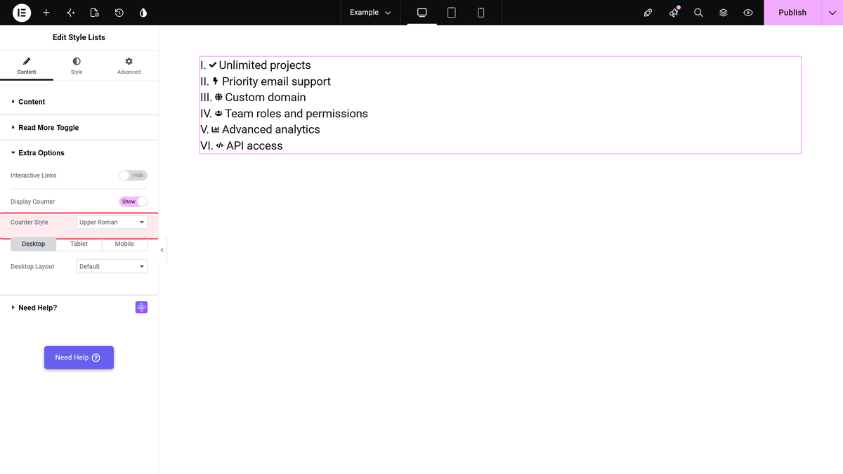 How to Create a Numbered List in Elementor? Extra options in the style lists panel with display counter on and counter style set to upper roman, and the canvas showing i. Ii. Iii. Iv. V. Vi.