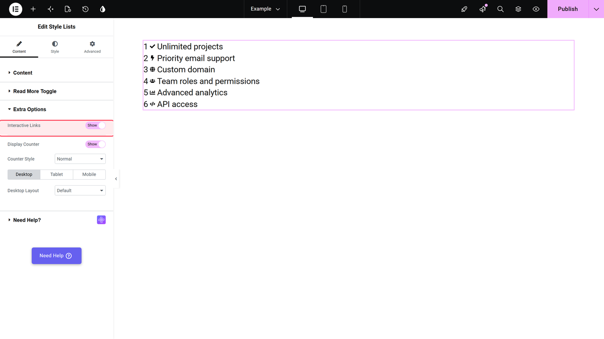 Style Lists Widget: Settings Overview The extra options section of style lists in the editor with interactive links highlighted and a numbered list on the canvas