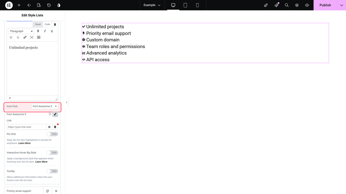 Style Lists Widget: Settings Overview The icon font dropdown of a style lists item highlighted in the elementor editor
