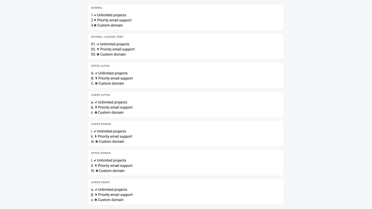 How to Create a Numbered List in Elementor? Seven style lists on the front end, one per counter style: normal shows 1 2 3, decimal leading zero 01. 02. 03. , upper alpha a. B. C. , lower alpha a. B. C. , lower roman i. Ii. Iii. , upper roman i. Ii. Iii. And lower greek alpha. Beta. Gamma.