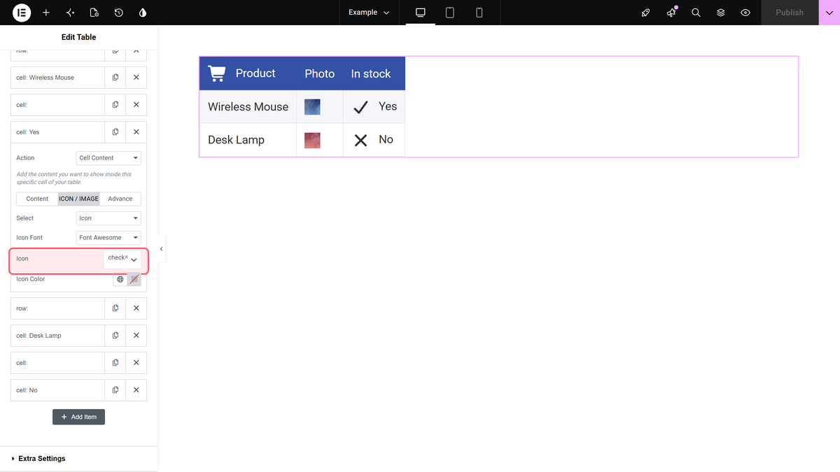 The icon / image tab of a table body cell with select set to icon and a font awesome check icon