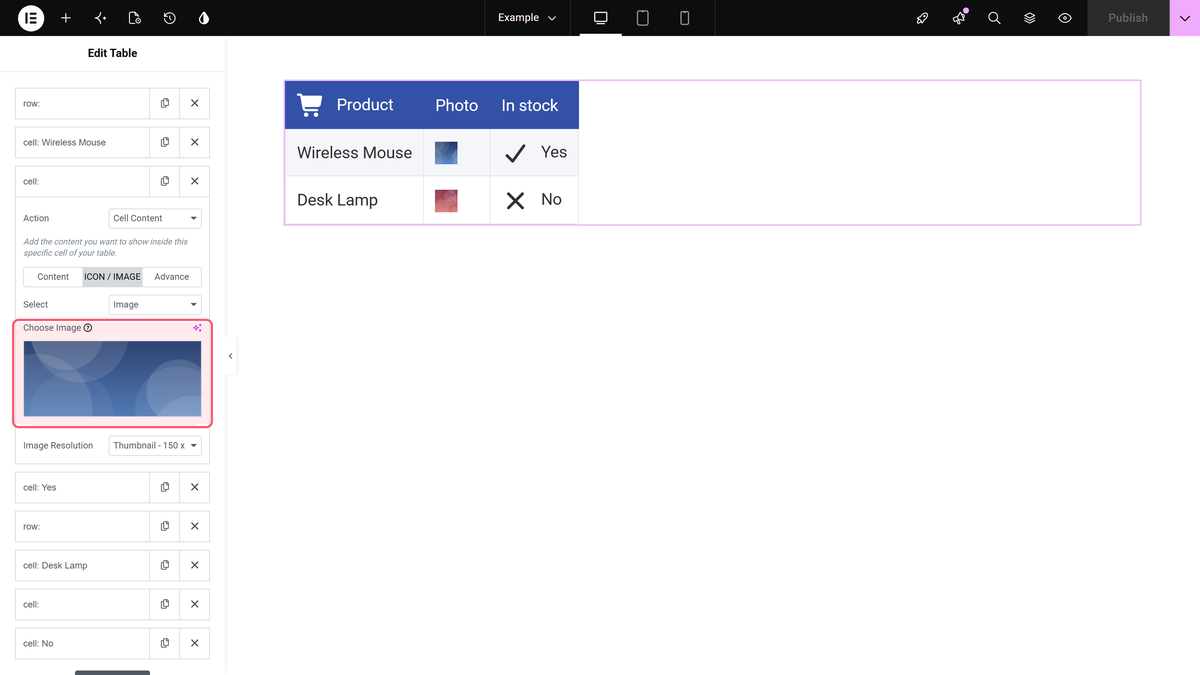 The icon / image tab of a table body cell with select set to image and a photo chosen
