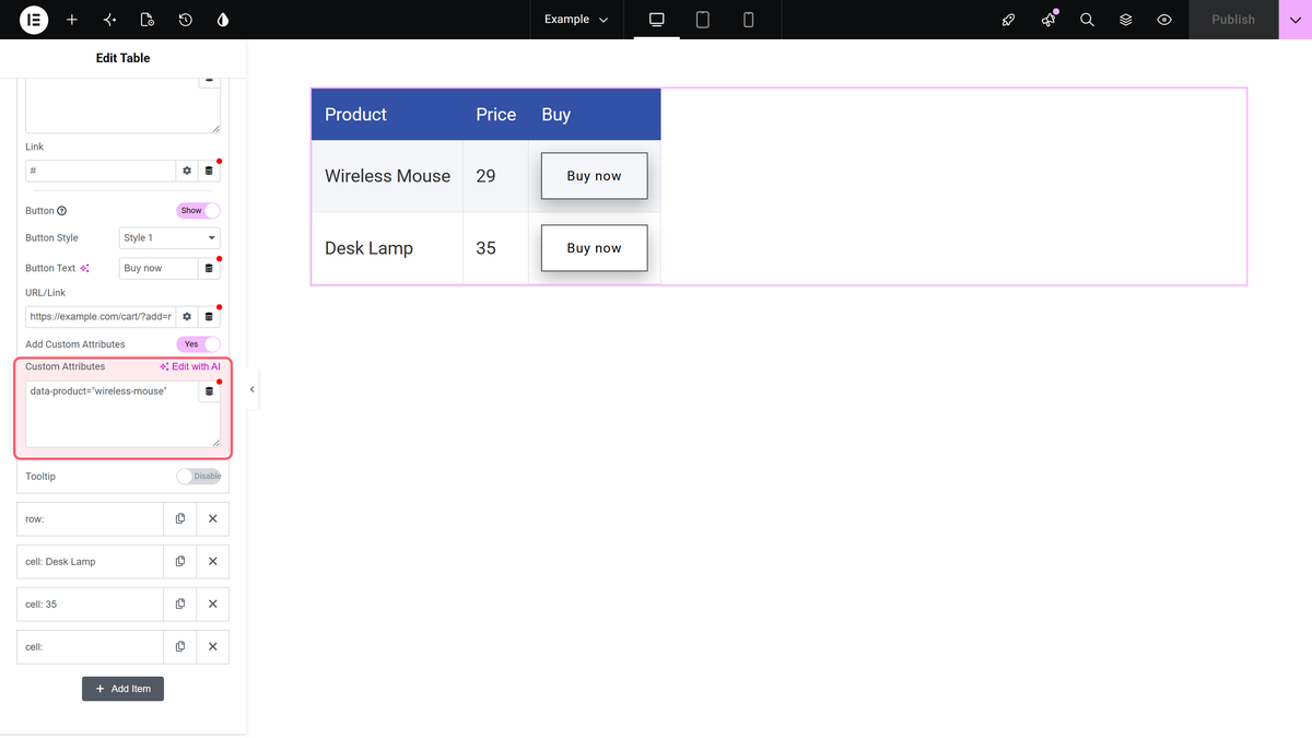 How to insert a Button inside a Cell of an Elementor Table? Add custom attributes turned on with a data attribute typed in the custom attributes field