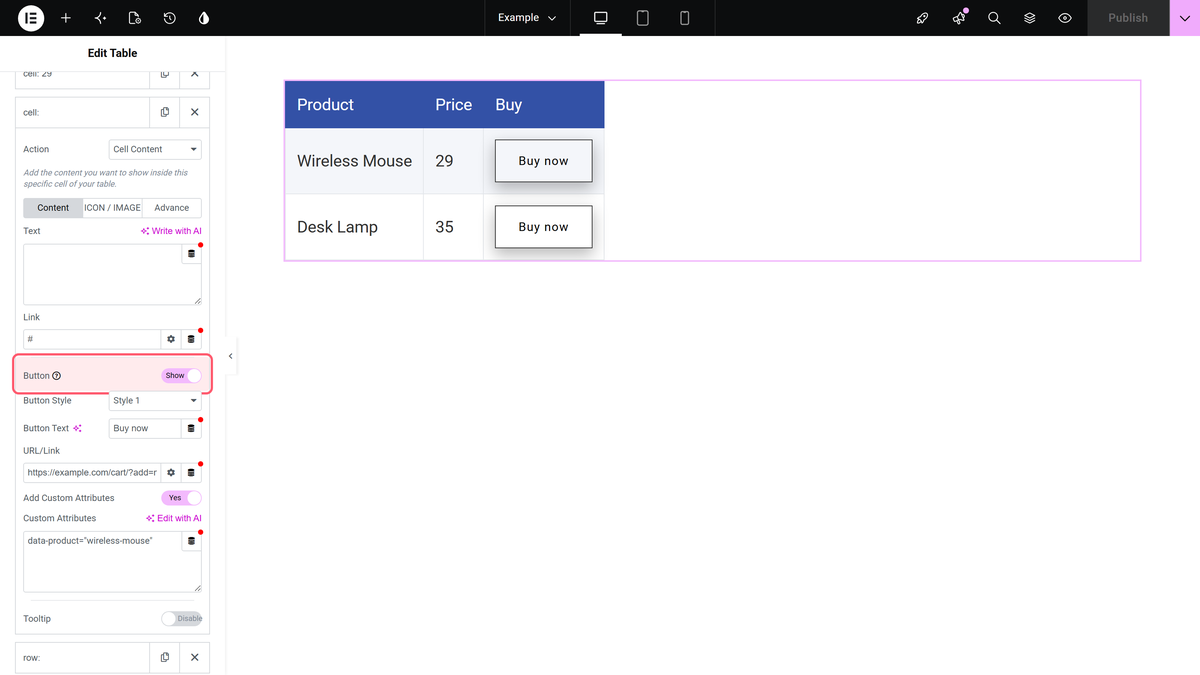 How to insert a Button inside a Cell of an Elementor Table? The button switch set to show on a table body cell, with buy now as button text and a cart url
