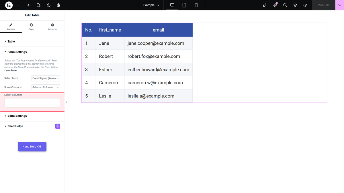 How to Show the Form Submission Entries in an Elementor Table? Show columns set to selected columns with index, first_name and email picked in select columns