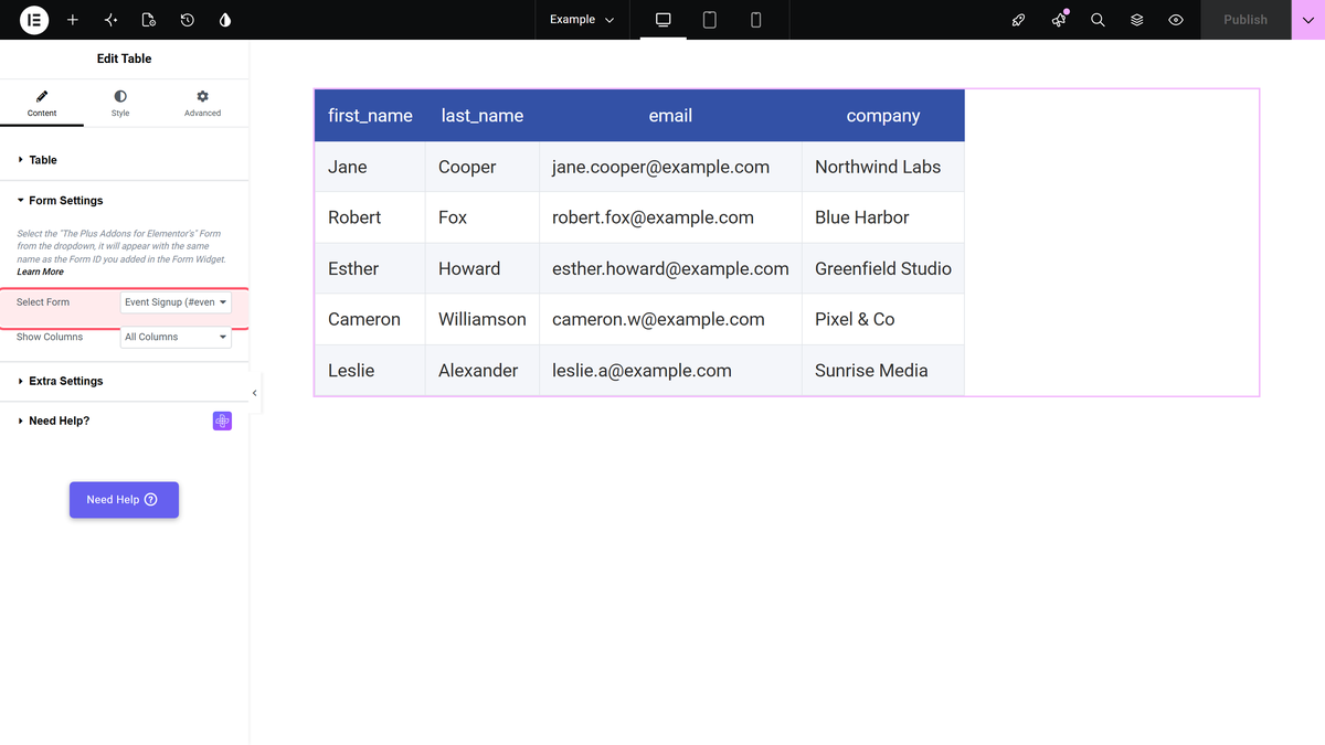 How to Show the Form Submission Entries in an Elementor Table? Select form set to event signup (#event_signup) in the form settings section of the table widget