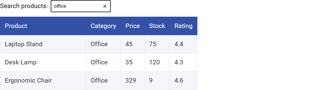 The search box above a product table on the live page, showing only the three office rows