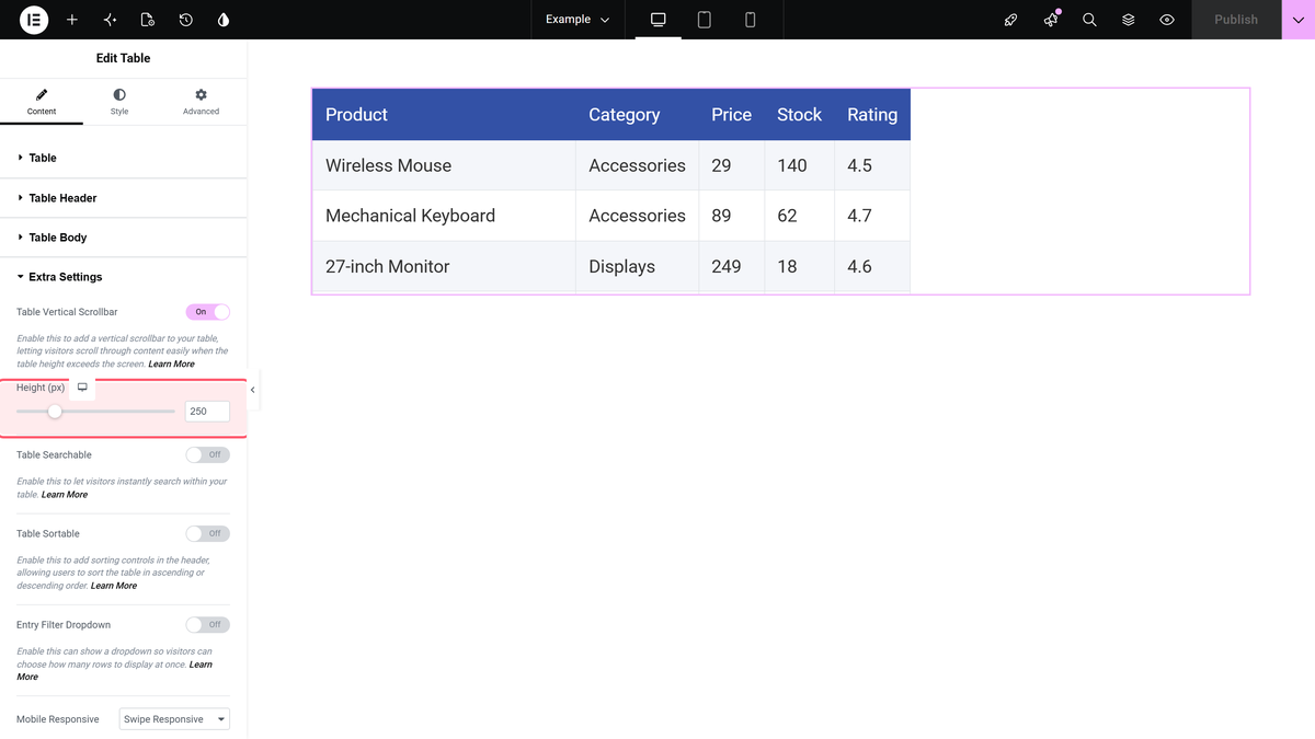 How to Add a Vertical Scrollbar to an Elementor Table? Table vertical scrollbar turned on with height (px) set to 250 in the extra settings section