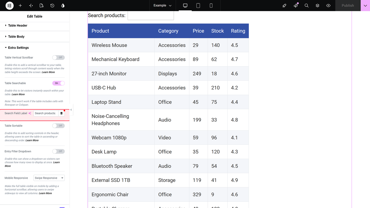 Table searchable turned on in extra settings with search products: in the search field label field