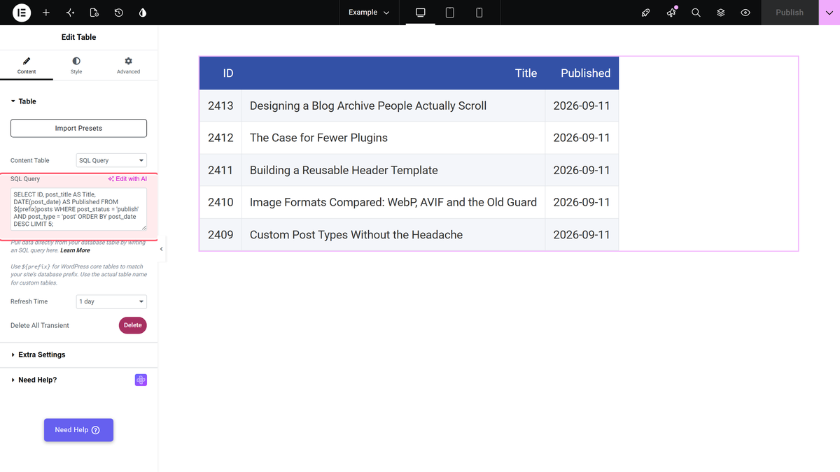 How to Show WordPress Database Entries in an Elementor Table? The sql query field of the table widget with a query on the posts table and the resulting table in the canvas