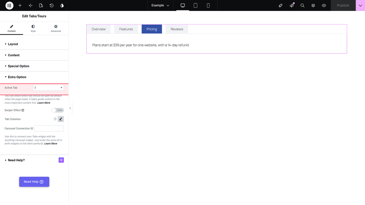 How to Set Elementor Tabs Closed by Default? The active tab dropdown in the extra option section of the tabs/tours widget set to 3