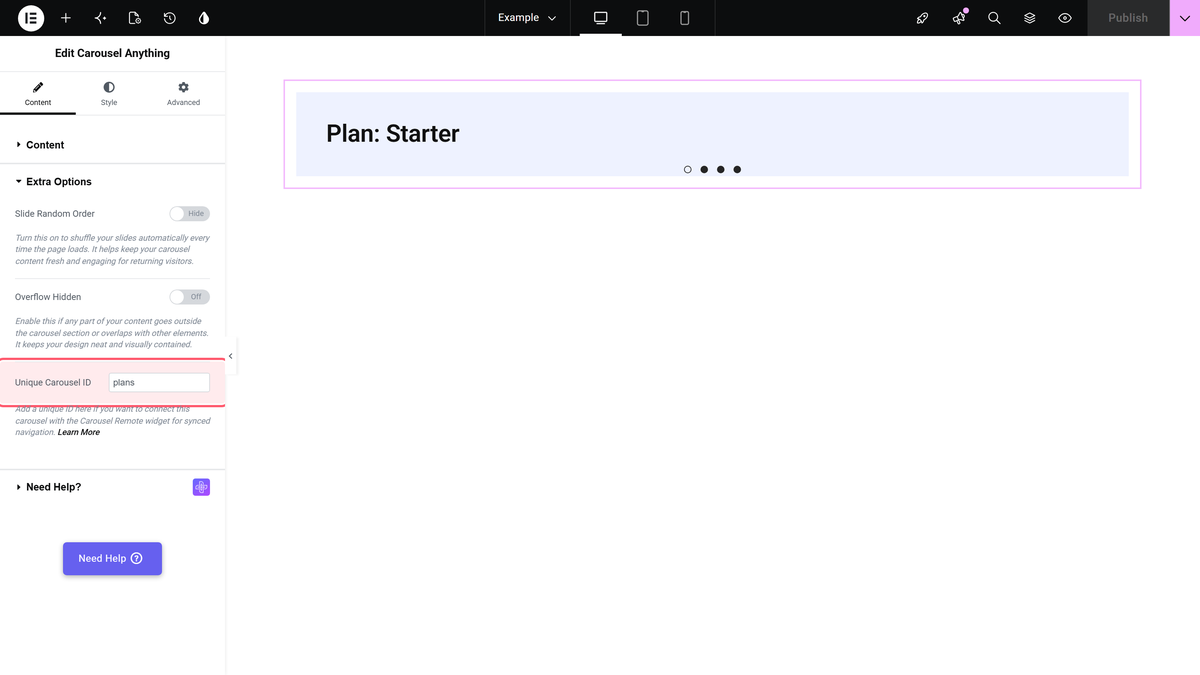 The unique carousel id field in the extra options section of the carousel anything widget