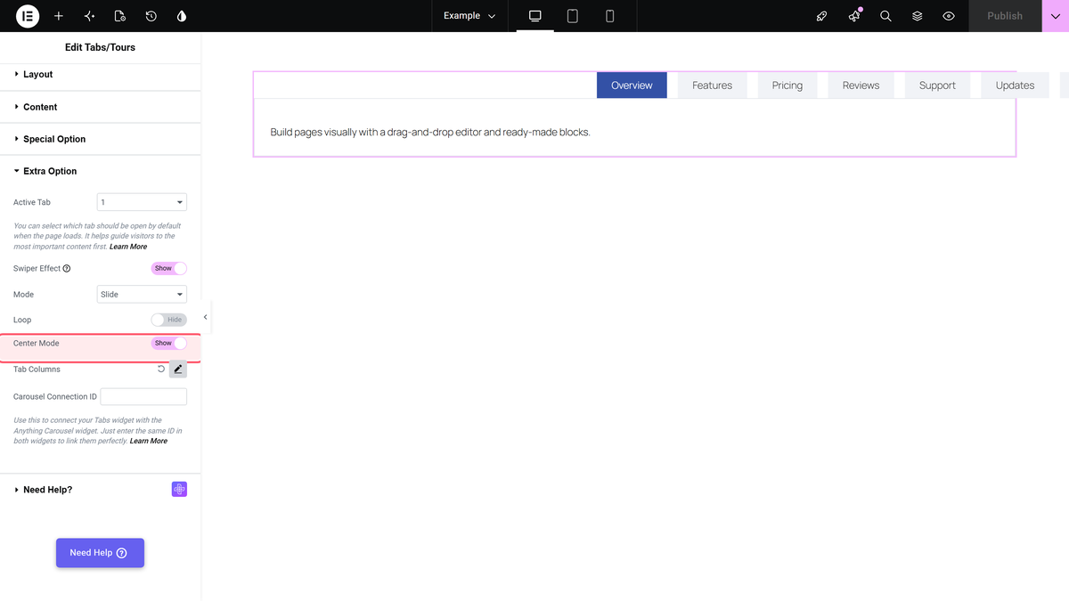 How to Add a Swipe or Slide Effect on Elementor Tabs? The center mode switch of the swiper effect settings in slide mode