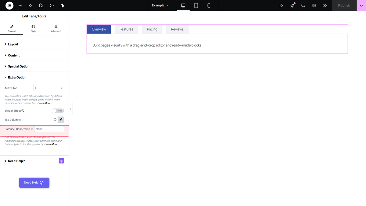 The carousel connection id field in the extra option section of the tabs/tours widget