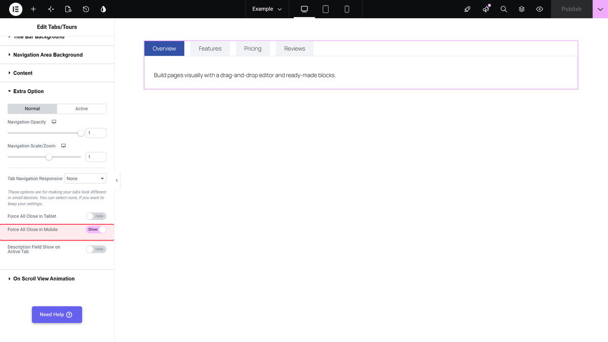 How to Set Elementor Tabs Closed by Default? The force all close in tablet and force all close in mobile switches in the style tab extra option section