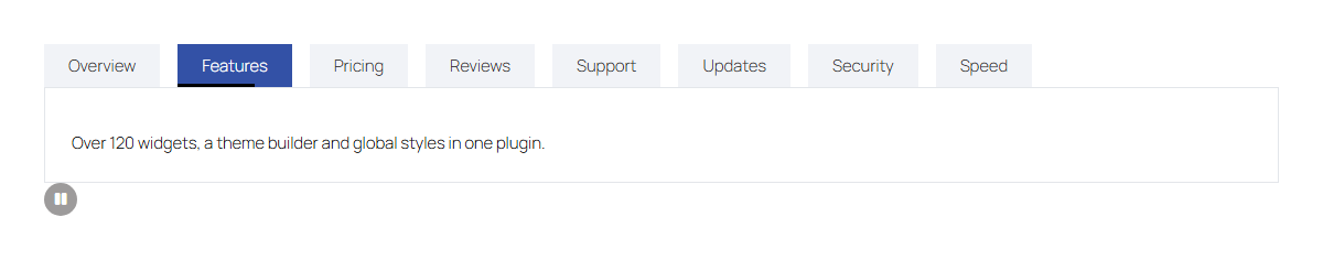 Tabs on the front end with autoplay and the pause button shown below the tabs
