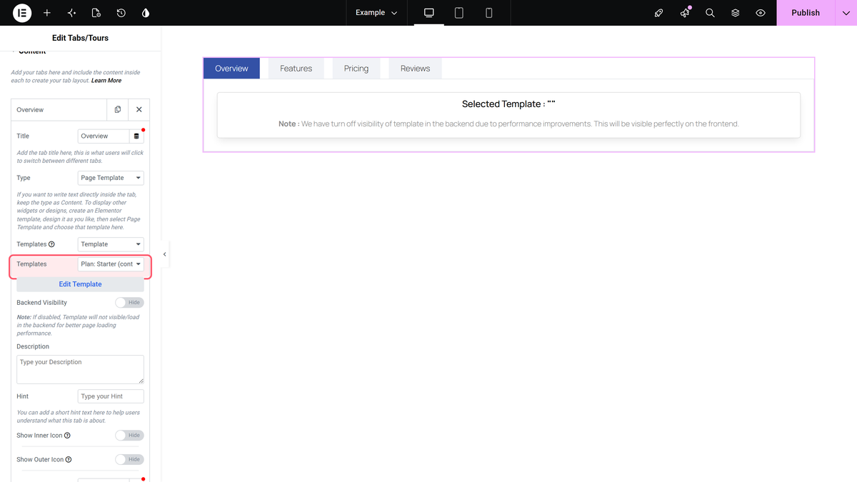 A tab item of the tabs/tours widget with type set to page template and a template chosen