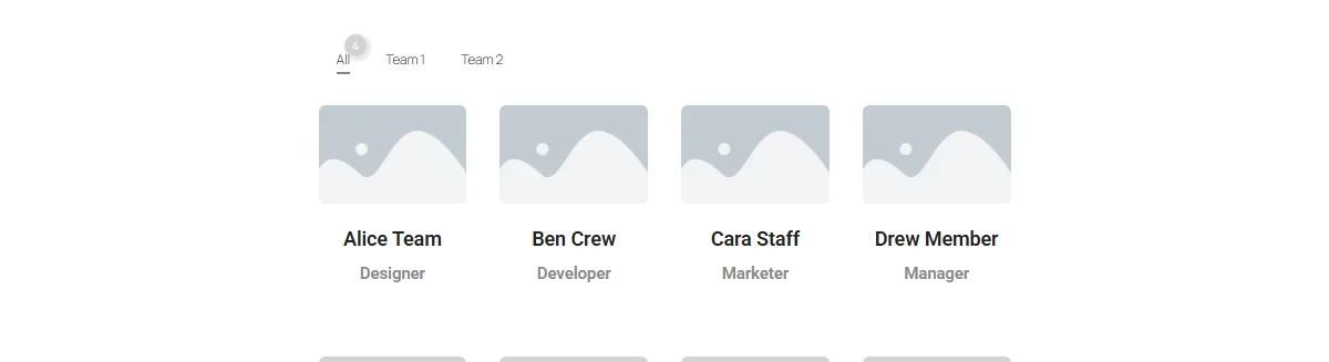 Team Member Listing Widget Settings Overview The category filter bar above a grid layout.