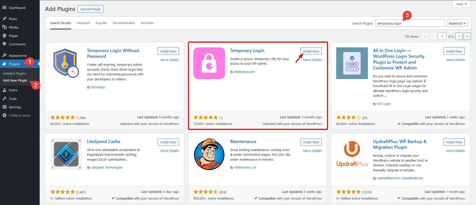 Temporary login plugin install