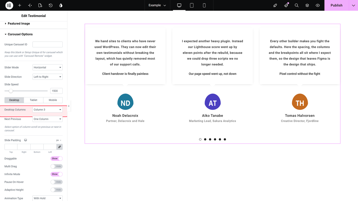 Carousel options for the elementor testimonial slider