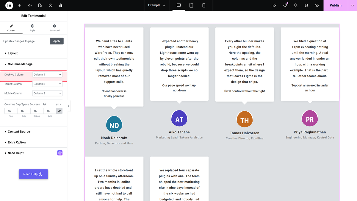 Columns manage settings for the elementor testimonial slider