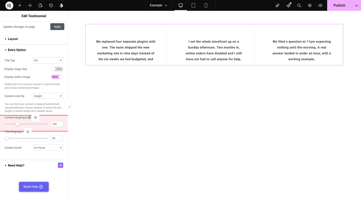 How to Set Elementor Testimonial Carousel Height? Content height and title height set in the extra option section, with the canvas showing three slides of equal height