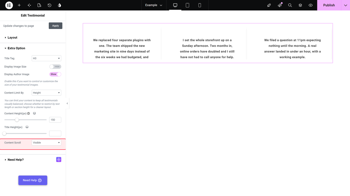 How to Set Elementor Testimonial Carousel Height? Content scroll set to visible in the extra option section