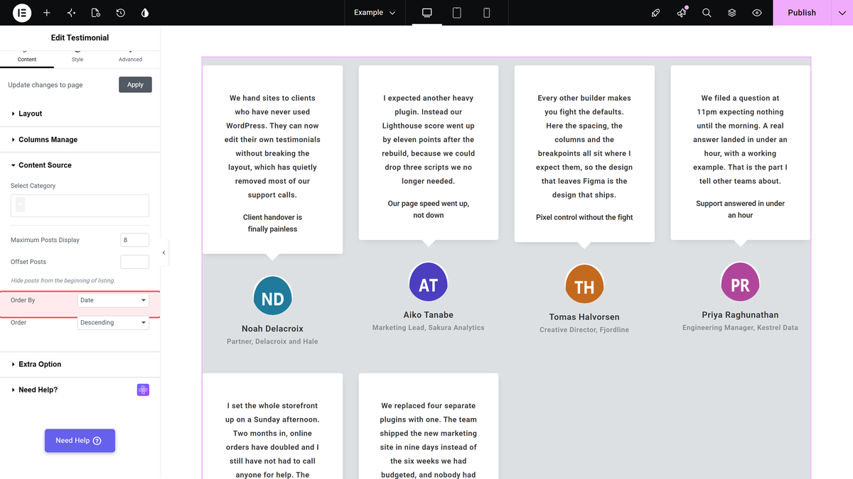 Select source dropdown in the elementor testimonial widget