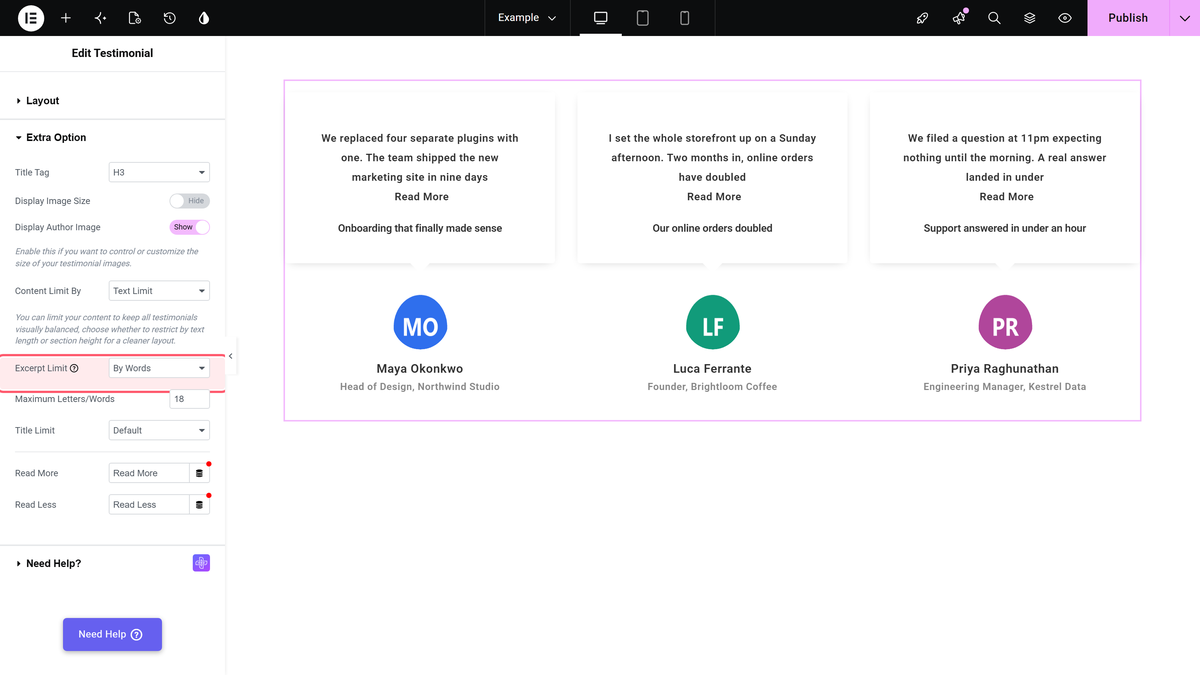 How to Limit Elementor Testimonial Carousel by Text? Excerpt limit set to by words with a maximum letters/words value