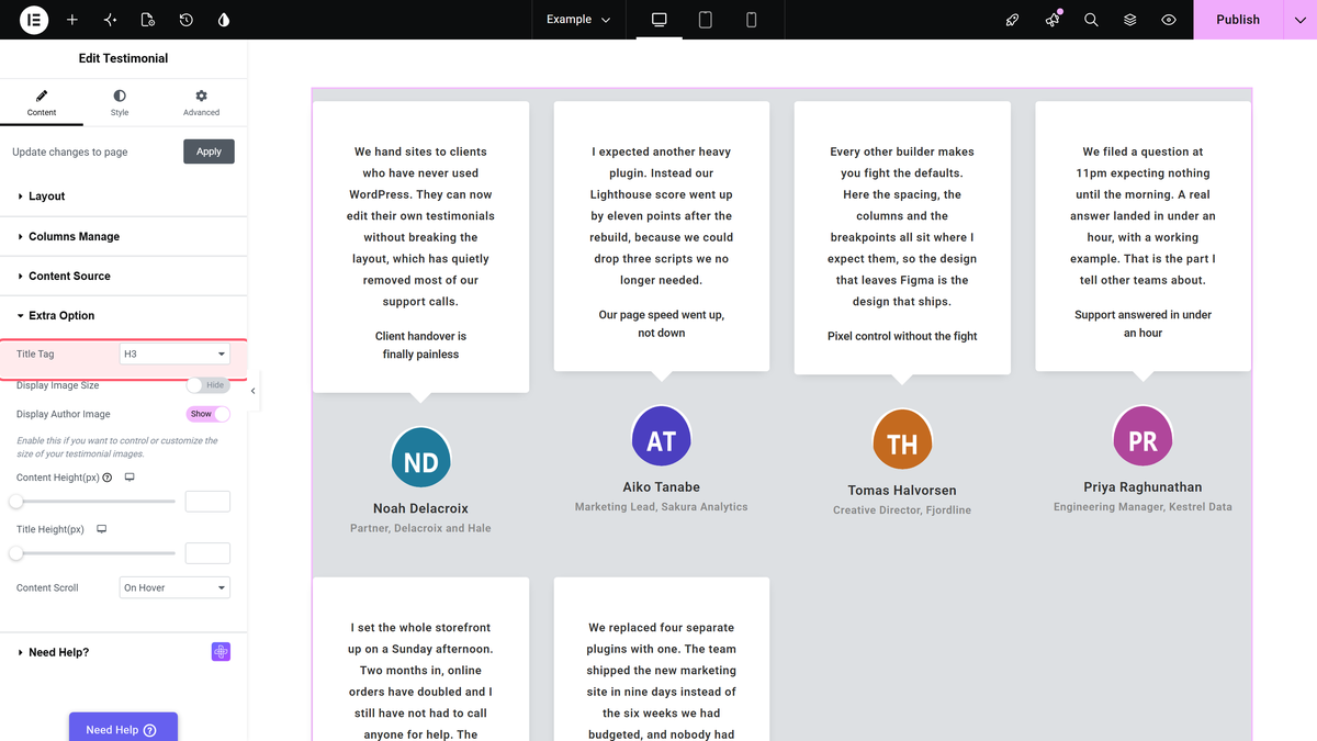 Extra option settings in the elementor testimonial widget