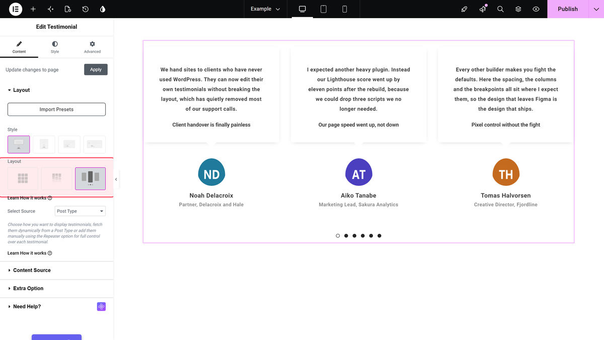 Elementor testimonial widget layout set to carousel in the plus addons