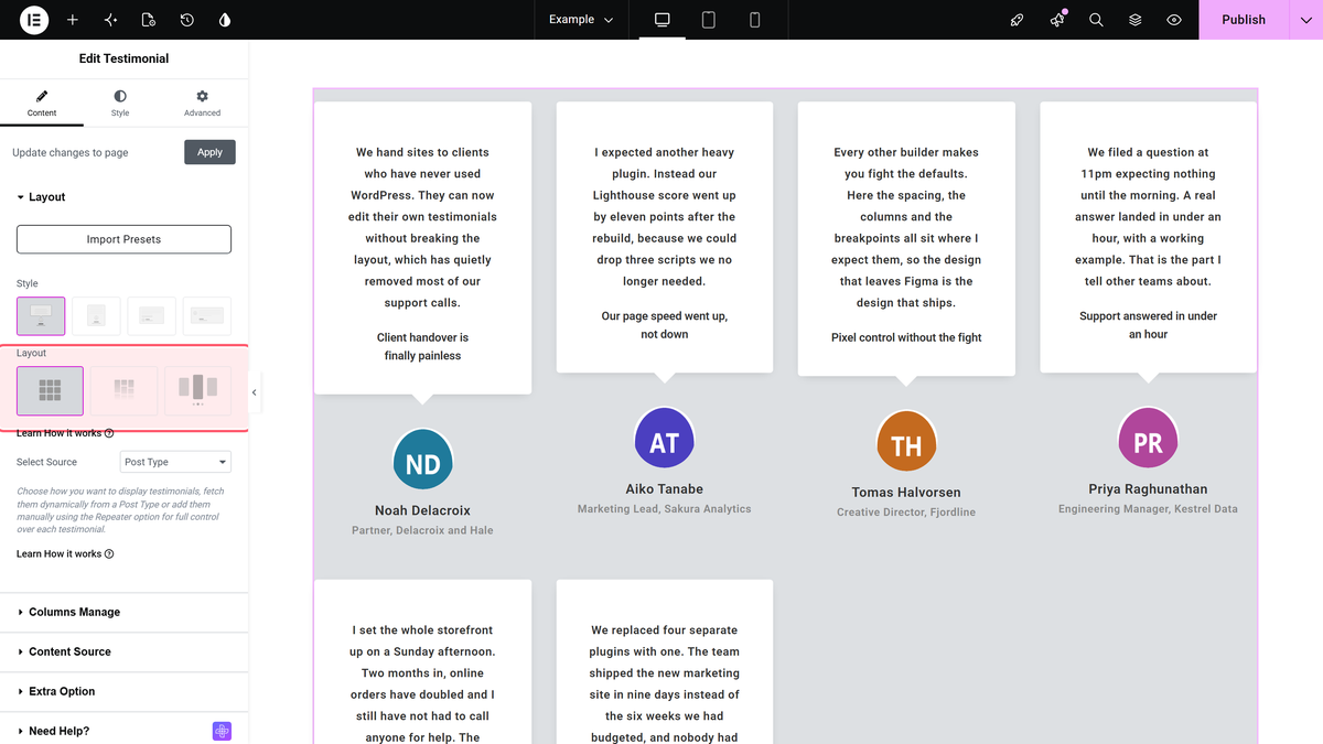 Layout section of the testimonial widget with the grid, masonry and carousel choices