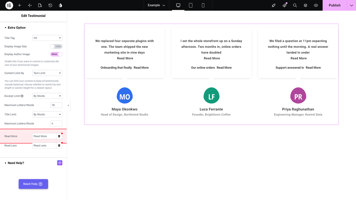 How to Limit Elementor Testimonial Carousel by Text? Read more and read less text fields in the extra option section