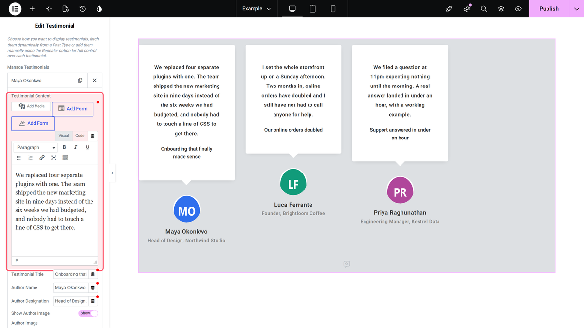 Manage testimonials repeater in the elementor testimonial widget
