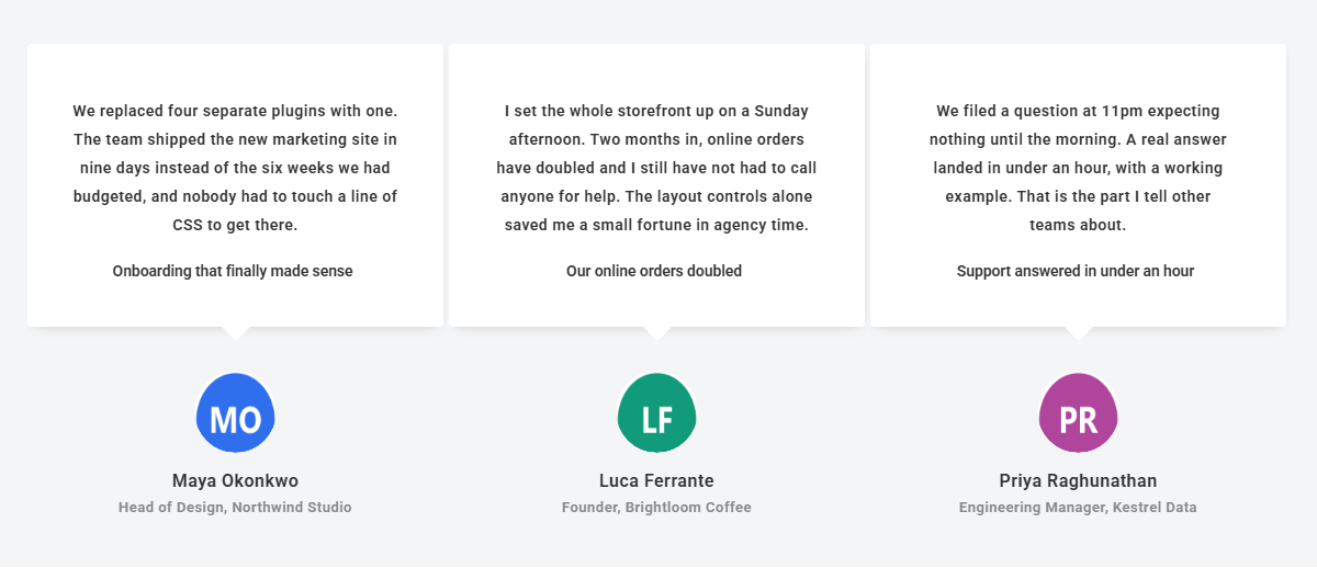 How to Set Elementor Testimonial Carousel Height? Front end showing three carousel slides of identical height, each ending with the reviewer photo, name and designation