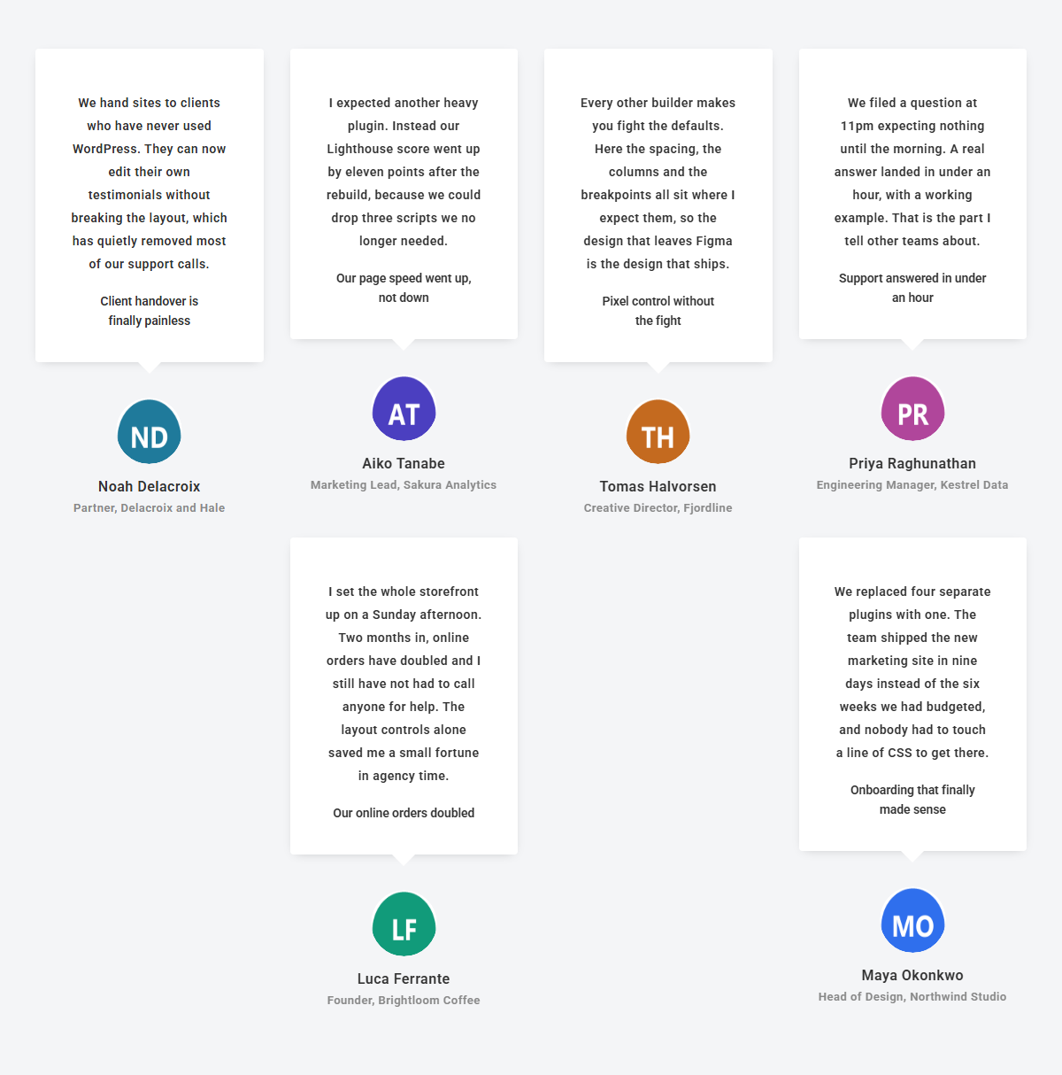 How to Show Testimonials in Masonry Grid Layout in Elementor? Front end showing six testimonials of different lengths packed into a masonry grid with staggered rows