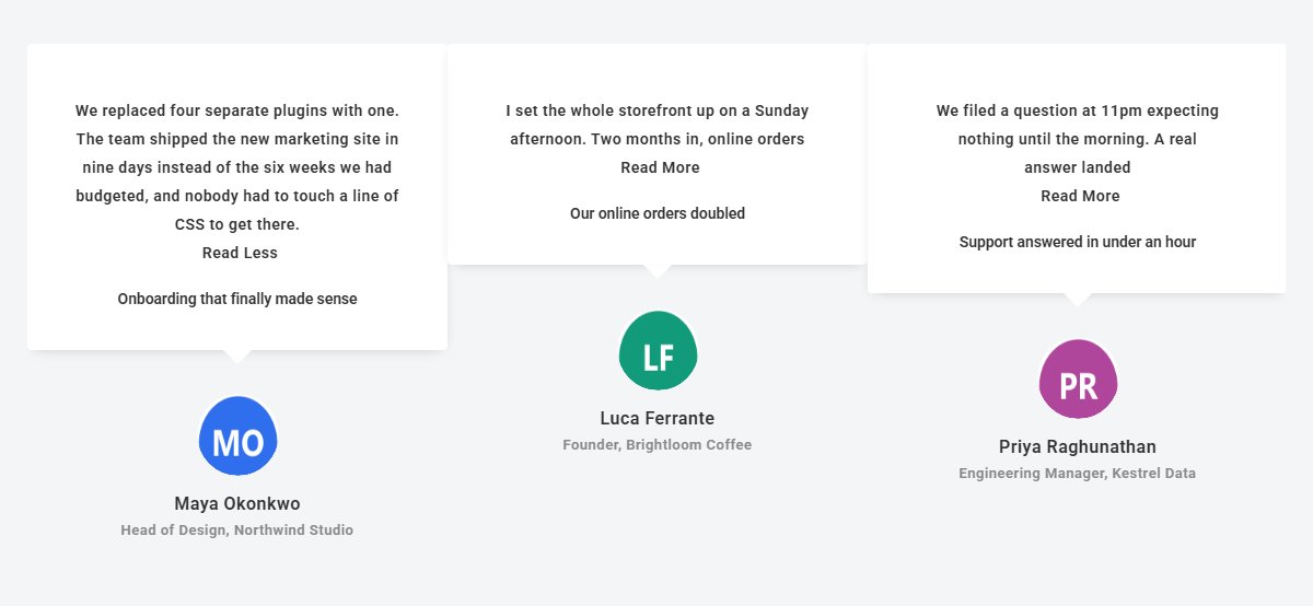 How to Limit Elementor Testimonial Carousel by Text? Front end with the first testimonial expanded to its full text and its link now reading read less, while the other two still read read more