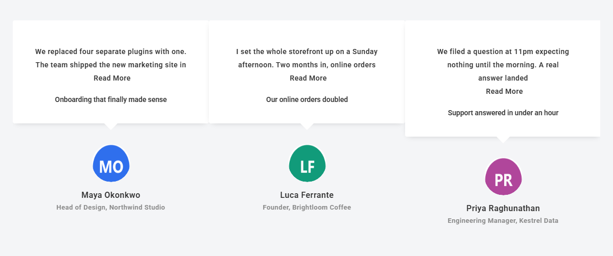 How to Limit Elementor Testimonial Carousel by Text? Front end showing three carousel slides whose testimonials are cut short, each ending with a read more link