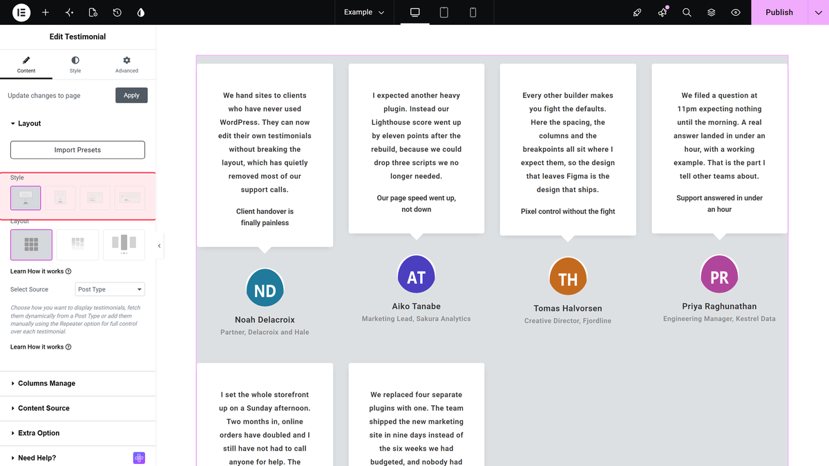 Style tab of the testimonial widget showing the title section