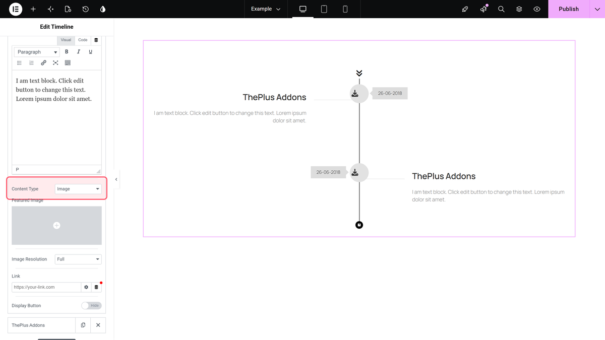 The content type dropdown on a timeline pin, with image, iframe/html and template options.
