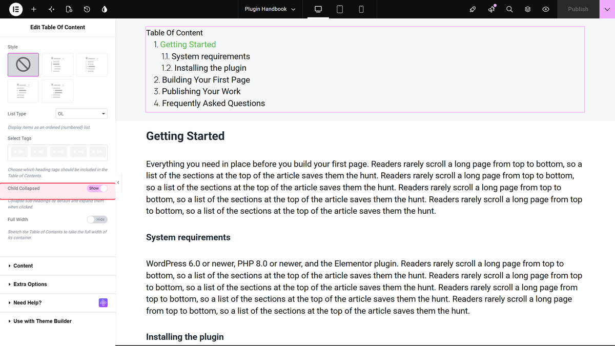 How to Add a Table of Contents in Elementor? Child collapsed switched on in the layout section, outlined in the panel