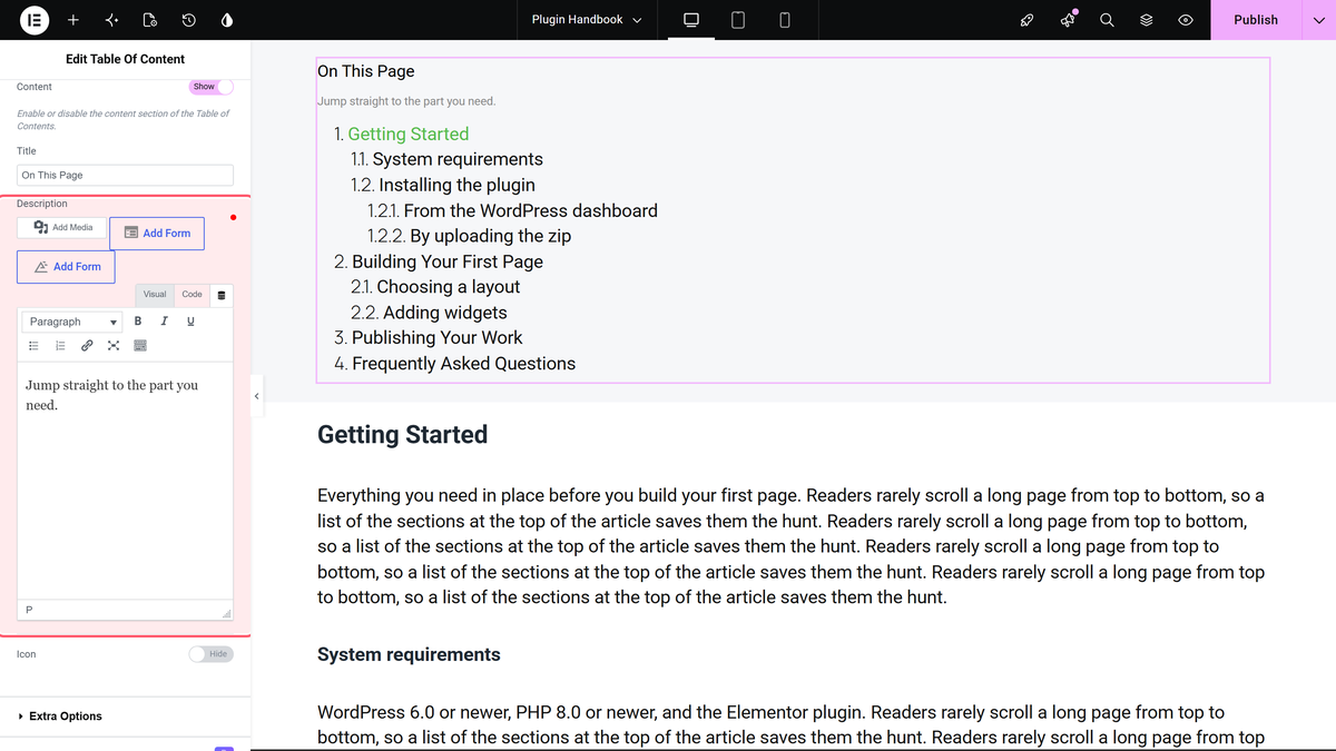How to Add a Table of Contents in Elementor? Description field outlined in the content section with a line of text in it, showing under the title in the canvas