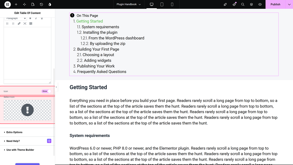 How to Add a Table of Contents in Elementor? Icon switched on and select icon outlined in the content section