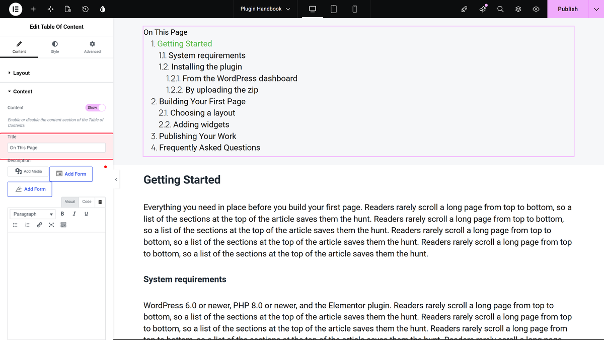 How to Add a Table of Contents in Elementor? Title field outlined in the content section, changed to on this page