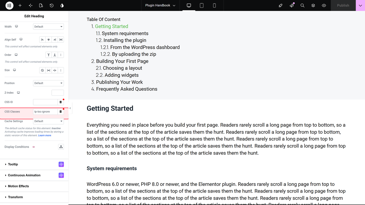 How to Exclude a Title from Table of Contents in Elementor? The heading widget's advanced tab with tp-toc-ignore typed into the css classes field, and the list in the canvas without that heading