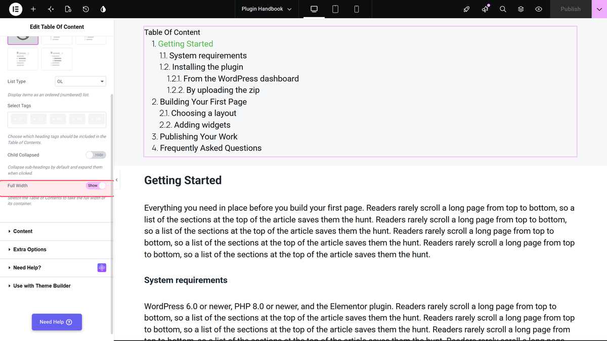 How to Add a Table of Contents in Elementor? Full width switched on in the layout section, with the table of contents stretched across the canvas