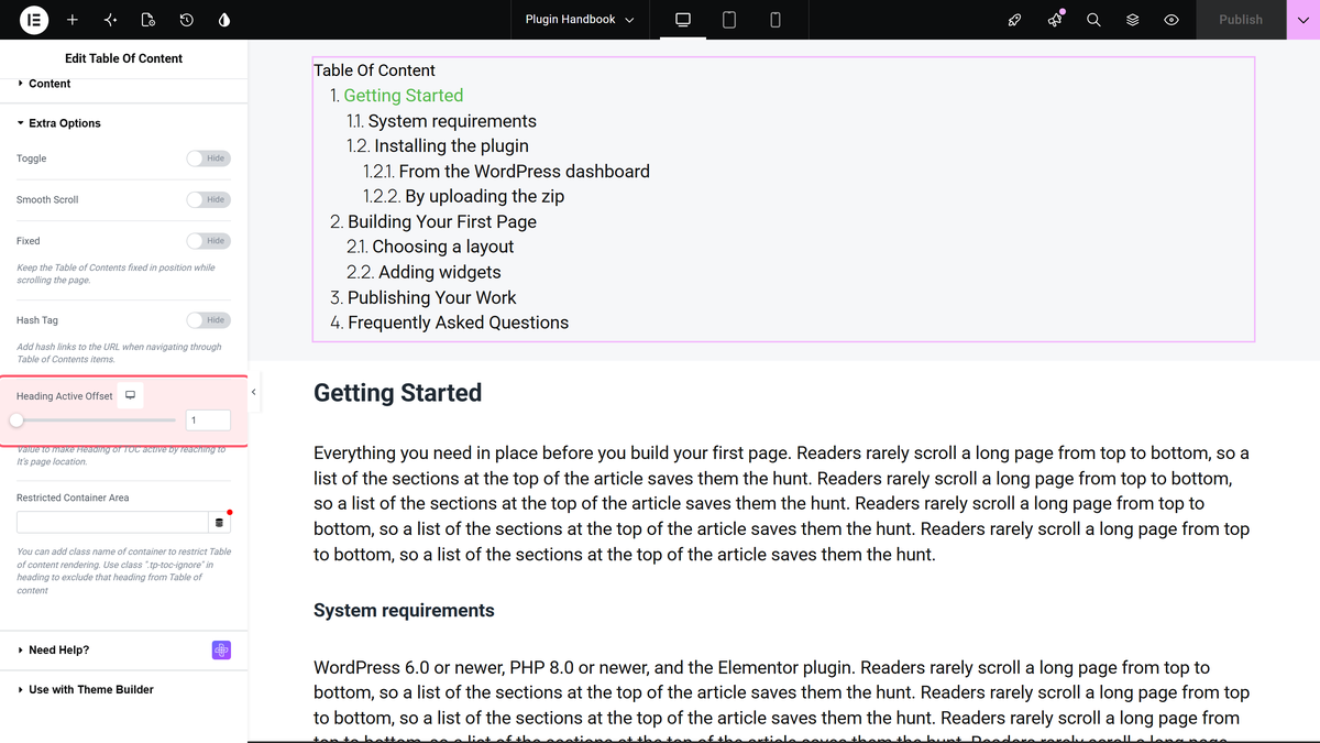 How to Add a Table of Contents in Elementor? Heading active offset slider outlined at the bottom of the extra options section